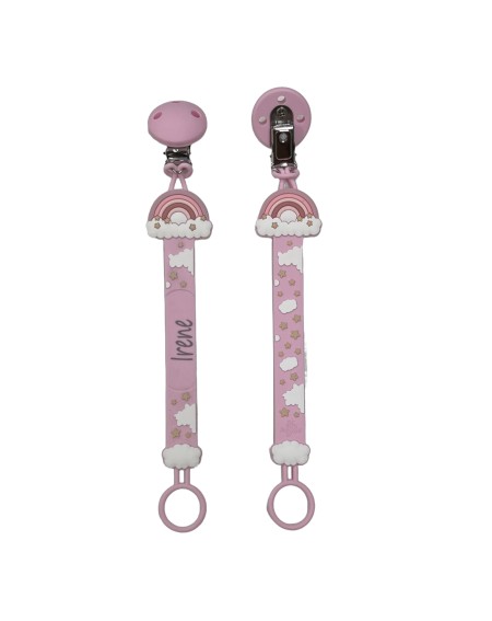 Pacifier chain in silicone FLAT RAINBOW PINK with name, hook / adapter pacifier MAM and CHICCO