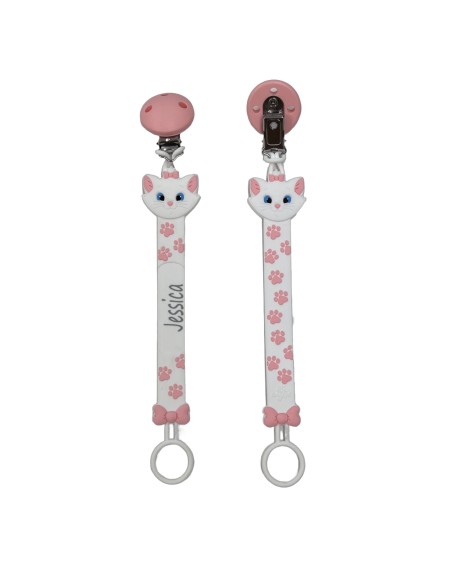 Cadeia de chupeta FLAT MARIE de silicone com nome, adaptador / gancho de chupeta MAM e modelo CHICCO