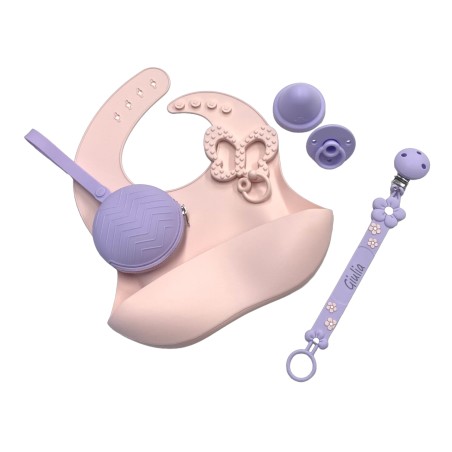 Catenella portaciuccio FLAT MARGHERITA GLICINE in silicone con nome, gancio/adattatore ciuccio MAM e CHICCO