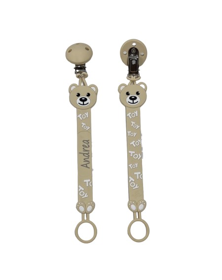 Cadeia de chupeta FLAT MOSCHINO BEIGE de silicone com nome, adapter de chupeta MAM e modelo CHICCO