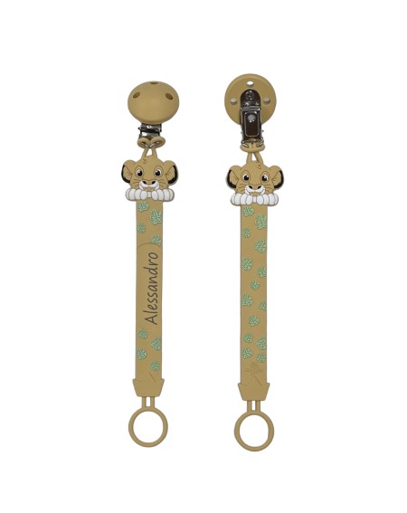 Chaîne de tétine FLAT LION NATUREL en silicone avec nom, crochet / adaptateur de tétine MAM et CHICCO