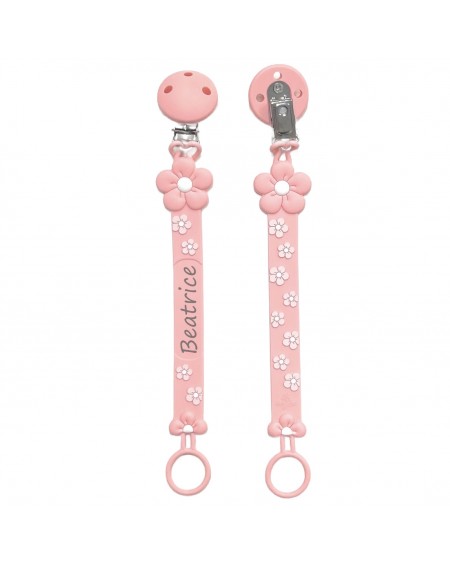 Silikonschnullerkette FLAT GÄNSEBLÜMCHEN PASTELLROSA mit Name, Haken/Adapter Schnuller MAM/CHICCO