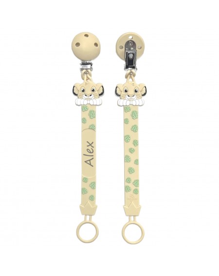 Cadena de chupete FLAT LEÓN BEIGE de silicona para chupete con nombre, gancho / adaptador para chupete mam y modelo de chicco