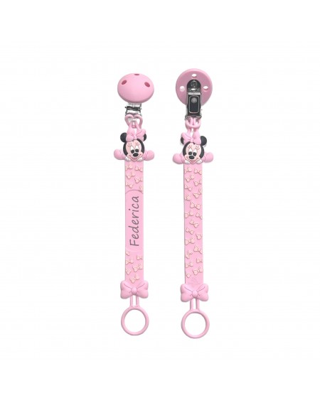 Silikonschnullerkette FLAT MINNIE MOUSE HELLROSA mit Name, Haken/Adapter Schnuller MAM/CHICCO