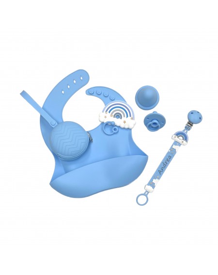 Pacifier chain in silicone FLAT RAINBOW BLUE with name, hook / adapter pacifier MAM and CHICCO 2