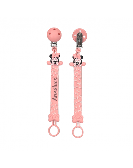 Silikonschnullerkette FLAT MINNIE MOUSE PASTELLROSA mit Name, Haken/Adapter Schnuller MAM/CHICCO