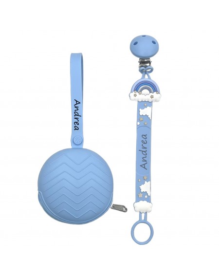 Cadeia de chupeta FLAT RAINBOW AZUL de silicone com nome, adaptador / gancho de chupeta MAM e modelo CHICCO 2