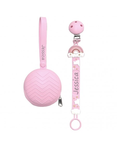 Cadeia de chupeta FLAT RAINBOW ROSA de silicone com nome, adaptador / gancho de chupeta MAM e modelo CHICCO 2