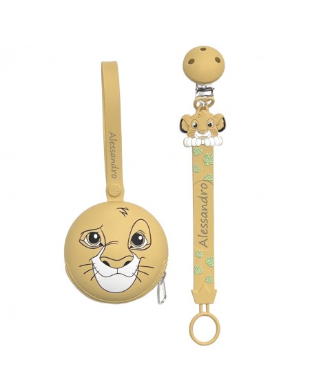 Cadeia de chupeta FLAT LEÃO NATURAL de silicone com nome, adaptador / gancho de chupeta MAM e modelo CHICCO 2