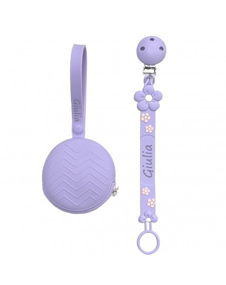 Pacifier chain in silicone FLAT DAISY WISTERIA with name, hook/adapter pacifier MAM/CHICCO 2