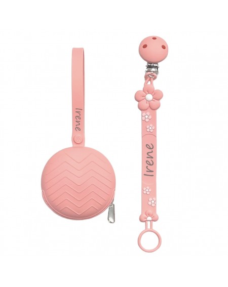Catenella portaciuccio FLAT MARGHERITA ROSA PASTELLO in silicone con nome, gancio/adattatore ciuccio MAM e CHICCO 2