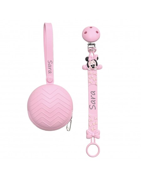 Catenella portaciuccio FLAT MINNIE ROSA CHIARO in silicone con nome, gancio/adattatore ciuccio MAM/CHICCO 2