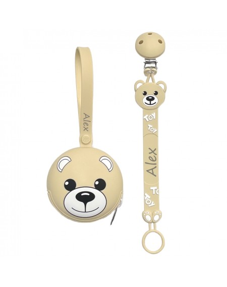 Chaîne de tétine FLAT MOSCHINO BEIGE en silicone avec nom, adaptateur de tétine MAM et CHICCO 2