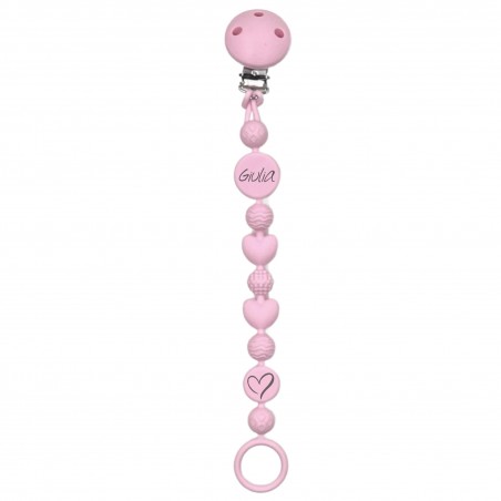 Catenella portaciuccio BUBBLE ROSA CHIARO in silicone con nome, gancio/adattatore ciuccio MAM e CHICCO