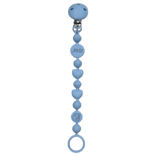 Catenella portaciuccio BUBBLE AZZURRO PASTELLO in silicone con nome, gancio/adattatore ciuccio MAM e CHICCO