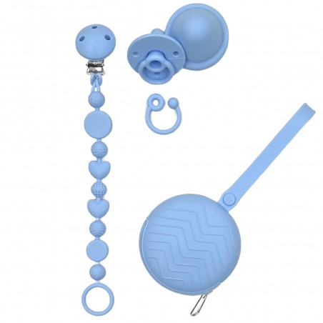 Catenella portaciuccio BUBBLE AZZURRO PASTELLO in silicone con nome, gancio/adattatore ciuccio MAM e CHICCO