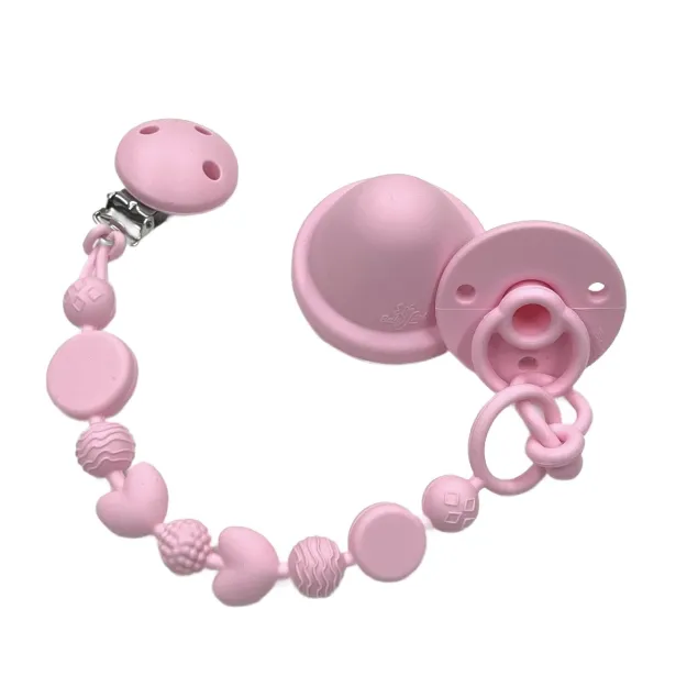 Chaîne de tétine BUBBLE ROSE CLAIR en silicone avec nom, crochet / adaptateur de tétine MAM et CHICCO
