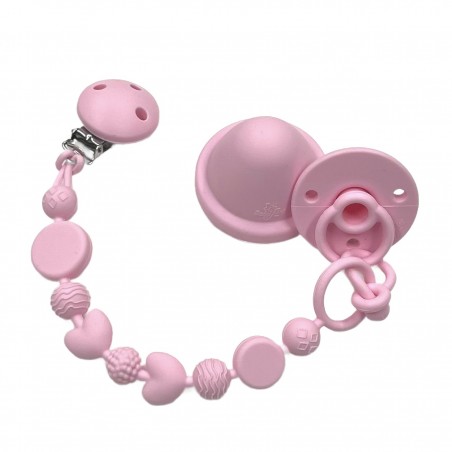 Chaîne de tétine BUBBLE ROSE CLAIR en silicone avec nom, crochet / adaptateur de tétine MAM et CHICCO
