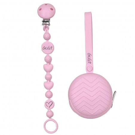Chaîne de tétine BUBBLE ROSE CLAIR en silicone avec nom, crochet / adaptateur de tétine MAM et CHICCO