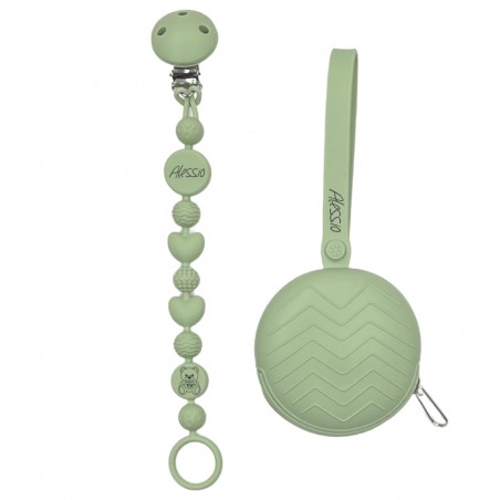 Catenella portaciuccio BUBBLE SALVIA in silicone con nome, gancio/adattatore ciuccio MAM e CHICCO
