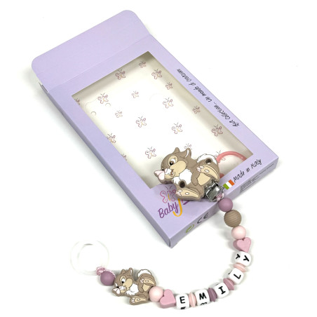 Babyjart Cadeia de chupeta MISS TAMBURINA de silicone com nome, adaptador de chupeta MAM e modelo CHICCO