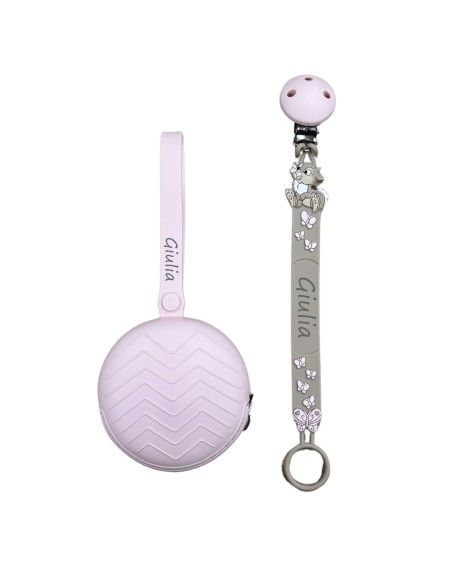 Catenella portaciuccio FLAT MISS TAMBURINA TORTORA in silicone con nome, gancio/adattatore ciuccio MAM/CHICCO 2