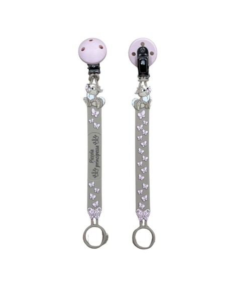 Catenella portaciuccio FLAT MISS TAMBURINA TORTORA in silicone con nome, gancio/adattatore ciuccio MAM/CHICCO