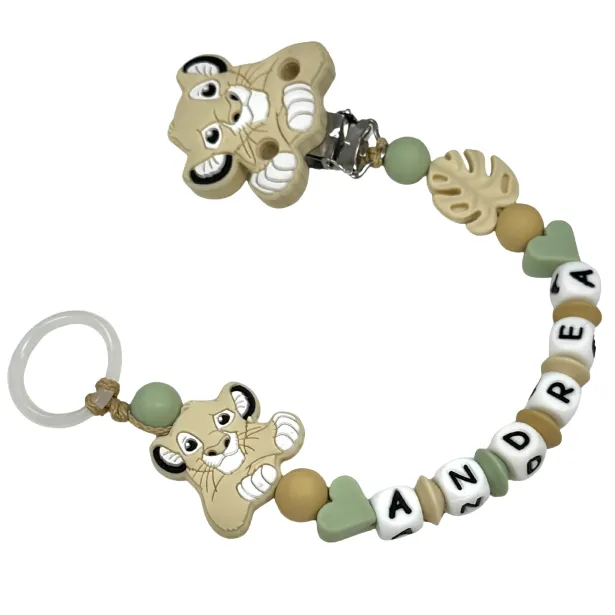 Babyjart Cadena PRESTIGE LEÓN de silicona para chupete con nombre, gancho / adaptador para chupete mam y modelo de chicco