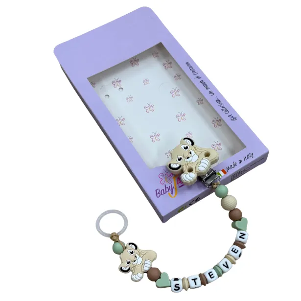 Babyjart silicone dummy chain PRESTIGE LION with name, hook / adapter pacifier MAM and CHICCO