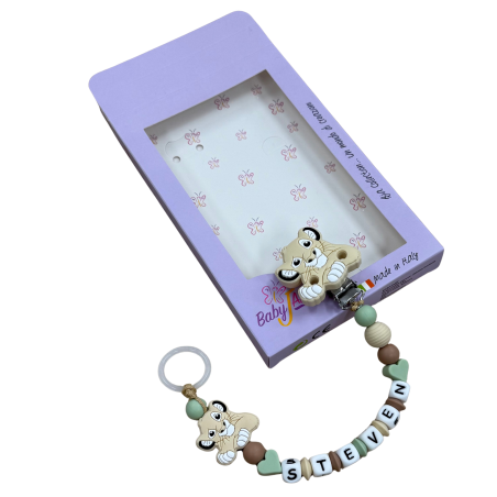 Babyjart Silikonschnullerkette PRESTIGE LÖWE mit Name, Haken / Adapter Schnuller MAM und CHICCO