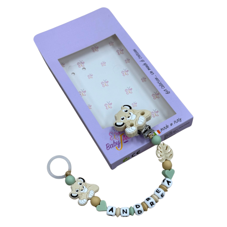 Babyjart Silikonschnullerkette PRESTIGE LÖWE mit Name, Haken / Adapter Schnuller MAM und CHICCO