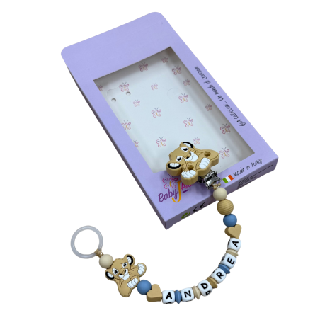 Babyjart silicone dummy chain PRESTIGE LION with name, hook / adapter pacifier MAM and CHICCO