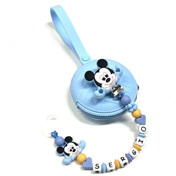 Babyjart Chaîne de tétine PRESTIGE MICKEY MOUSE en silicone avec nom, crochet/adaptateur de tétine MAM et CHICCO