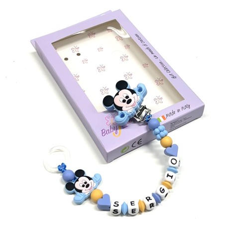 Babyjart silicone dummy chain PRESTIGE MICKEY MOUSE with name, hook/adapter pacifier MAM and CHICCO