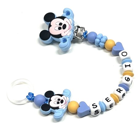 Babyjart silicone dummy chain PRESTIGE MICKEY MOUSE with name, hook/adapter pacifier MAM and CHICCO