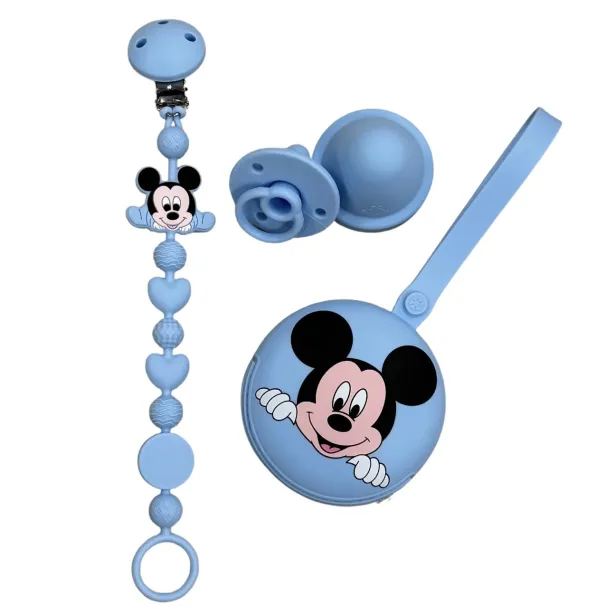 Pacifier chain in silicone BUBBLE CHARM MICKEY MOUSE PASTEL BLUE with name