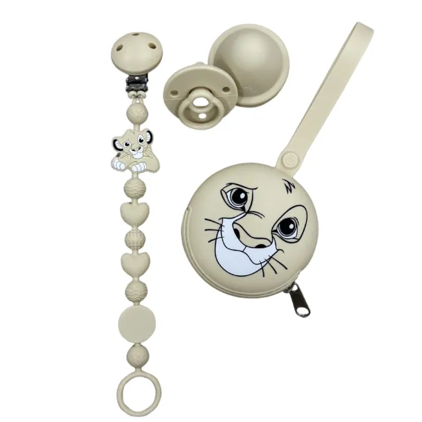 Pacifier chain in silicone BUBBLE CHARM LION BEIGE with name