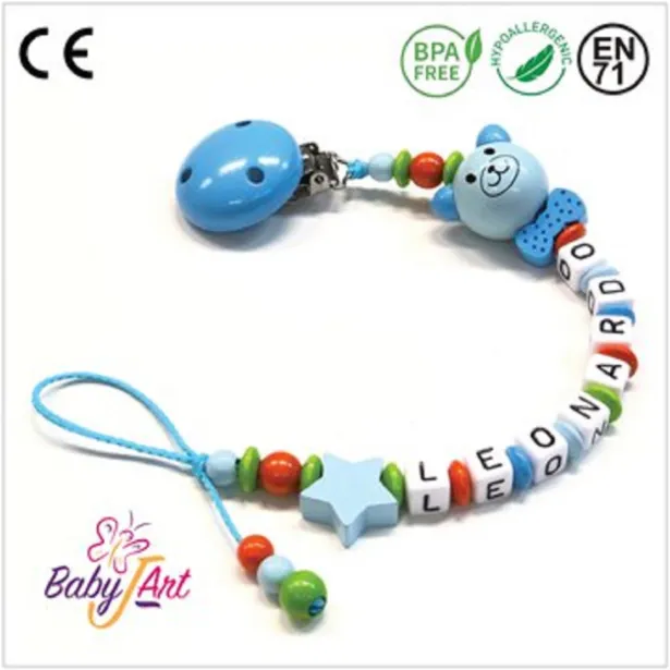 Babyjart Schnullerkette aus Holz mit Namen, Schnullerhaken / Adapter mam