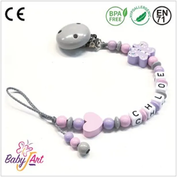 Babyjart Schnullerkette aus Holz mit Namen, Schnullerhaken / Adapter mam