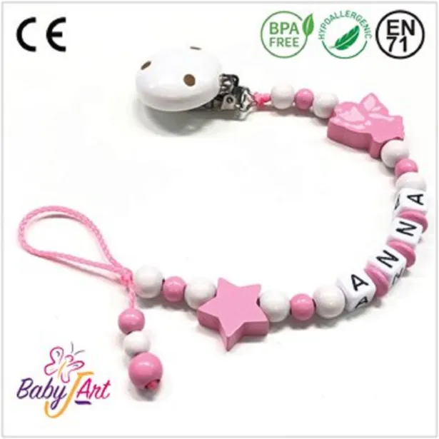 Babyjart Schnullerkette aus Holz mit Namen, Schnullerhaken / Adapter mam