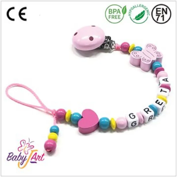Babyjart wooden dummy chain with name, hook / adapter pacifier mam