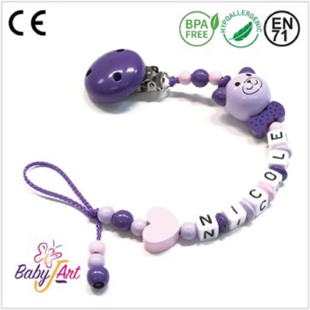 Babyjart wooden dummy chain with name, hook / adapter pacifier mam