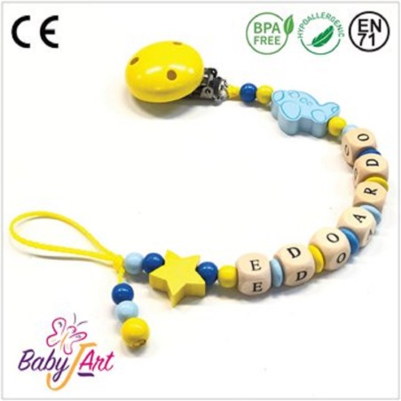 Babyjart Schnullerkette aus Holz mit Namen, Schnullerhaken / Adapter mam