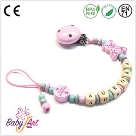Babyjart wooden dummy chain with name, hook / adapter pacifier mam